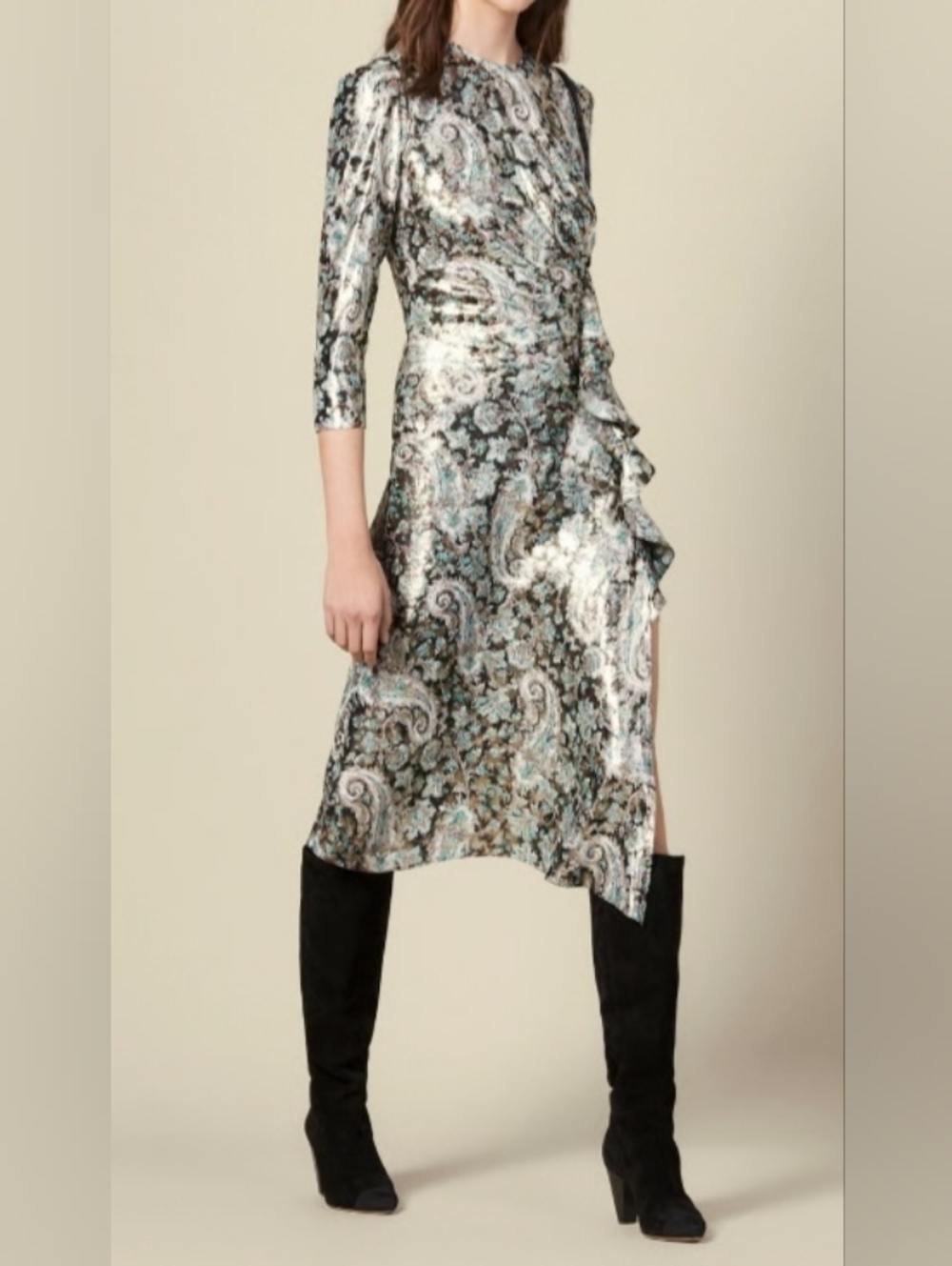 Sandro EUC Midi Metallic Dress Side Slit Gold Teal Dark Brown Size 34
